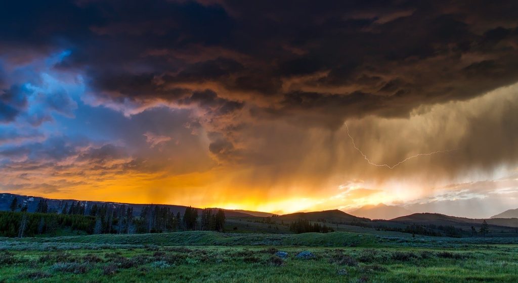 Sunset over plains of Yellowstone Park in Wyoming